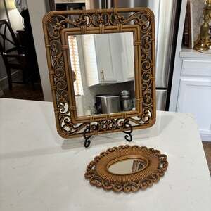Vintage Syroco Faux Bamboo and Rattan Wall Mirror Set of 2
